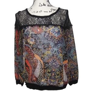 West Kei Sheer Lace Paisley Print Long Sleeve Pullover Top Blouse Shirt Sz Small
